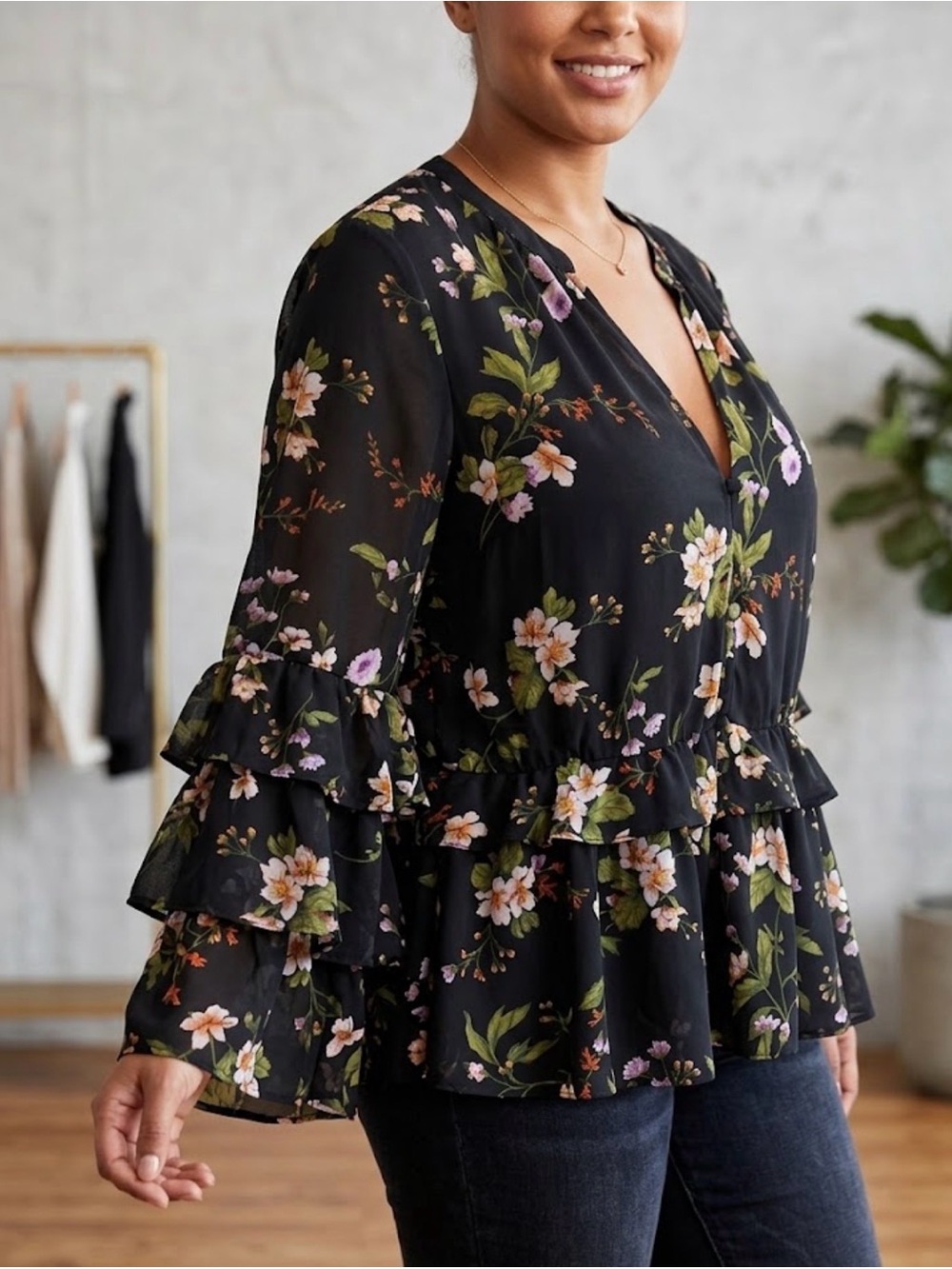 Ted Baker Floral Ruffle V-Neck Peplum Blouse - Black